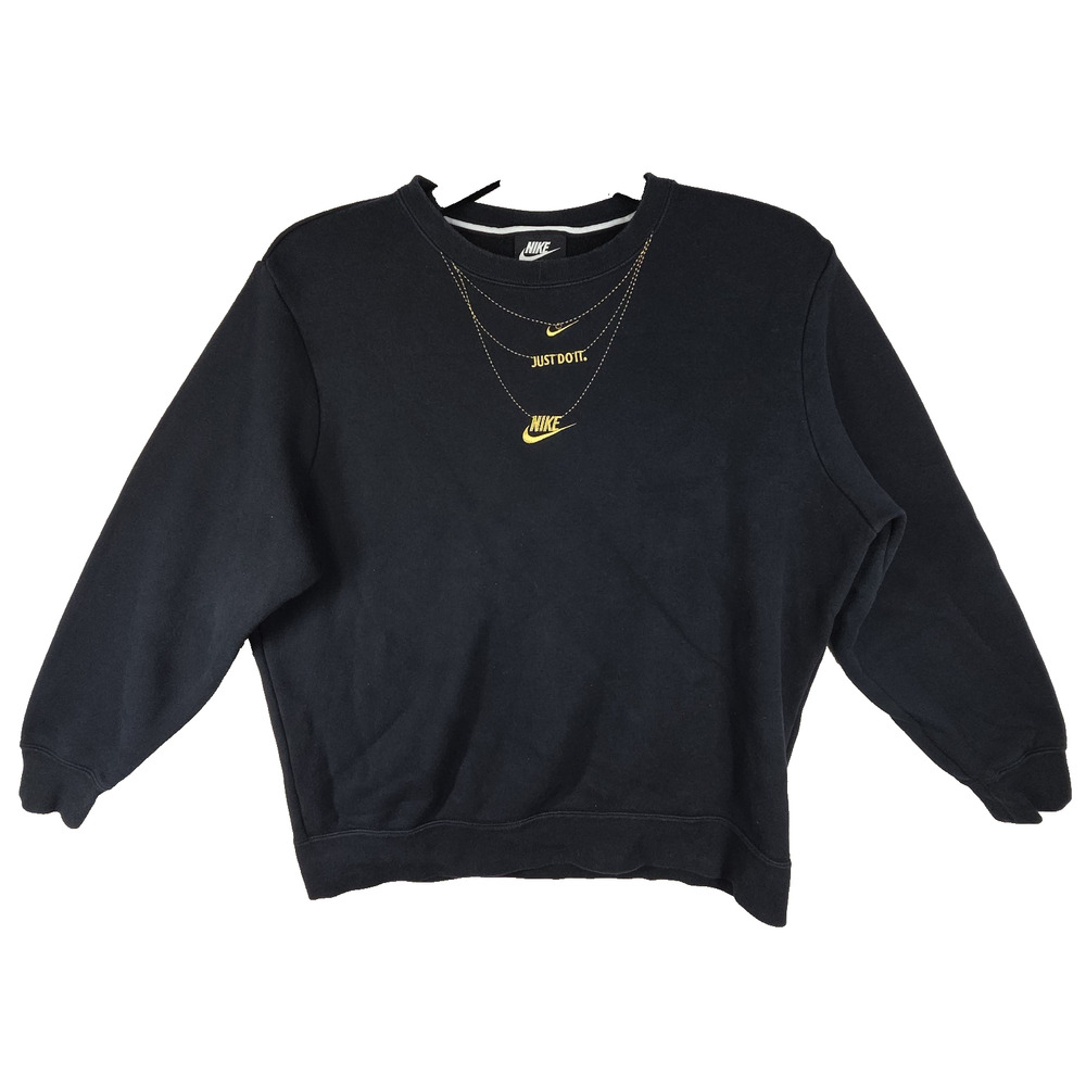 Nike Sweatshirt Womens Small Black Glam Dunk Gold Chain Necklace Crew Neck